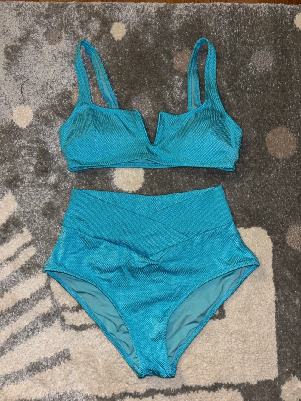 aerie Teal Textured V-Notch Bikini Set